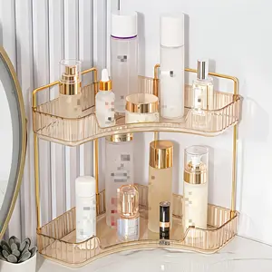 Plastic Corner Rack with Gold Metal Frame - Large Capacity Makeup Storage Boxes for Skin Care Products, Fragrances and Beauty Tools - Multifunctional Storage Boxes for Bathrooms, Bedrooms, Offices, Cosmetics Storage Boxes, Shelves