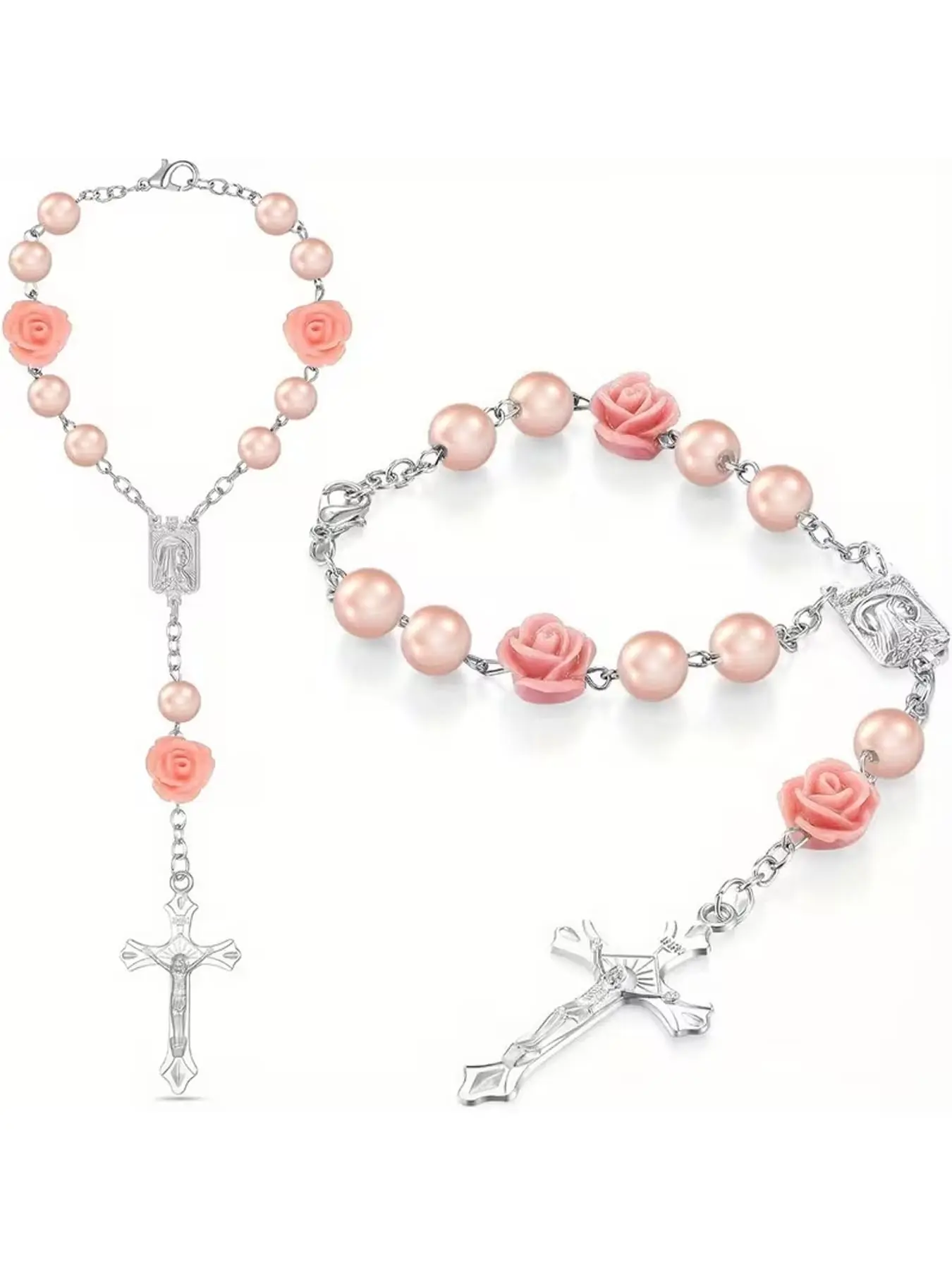 1pc Pink Rose Car Rosary - Elegant Rearview Mirror Hanging Ornament With a Cross Pendant, ABS Material, Religious Car Decoration, Vehicle Decoration, Personal Protection, Cute Car Decoration, Car Accessories, Car Decor Gift