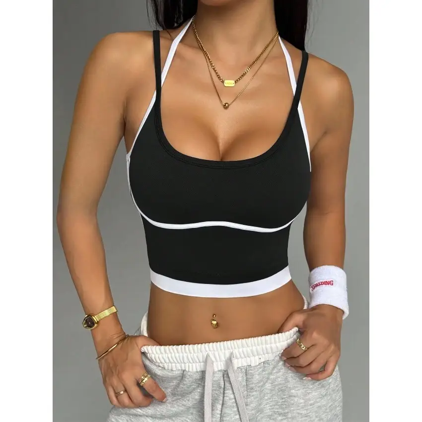 Women's Yoga Sports Bra, Color Block Seamless Nylon Vest Top, Wireless & Shock-Absorbing Workout Clothes for Gym & Running