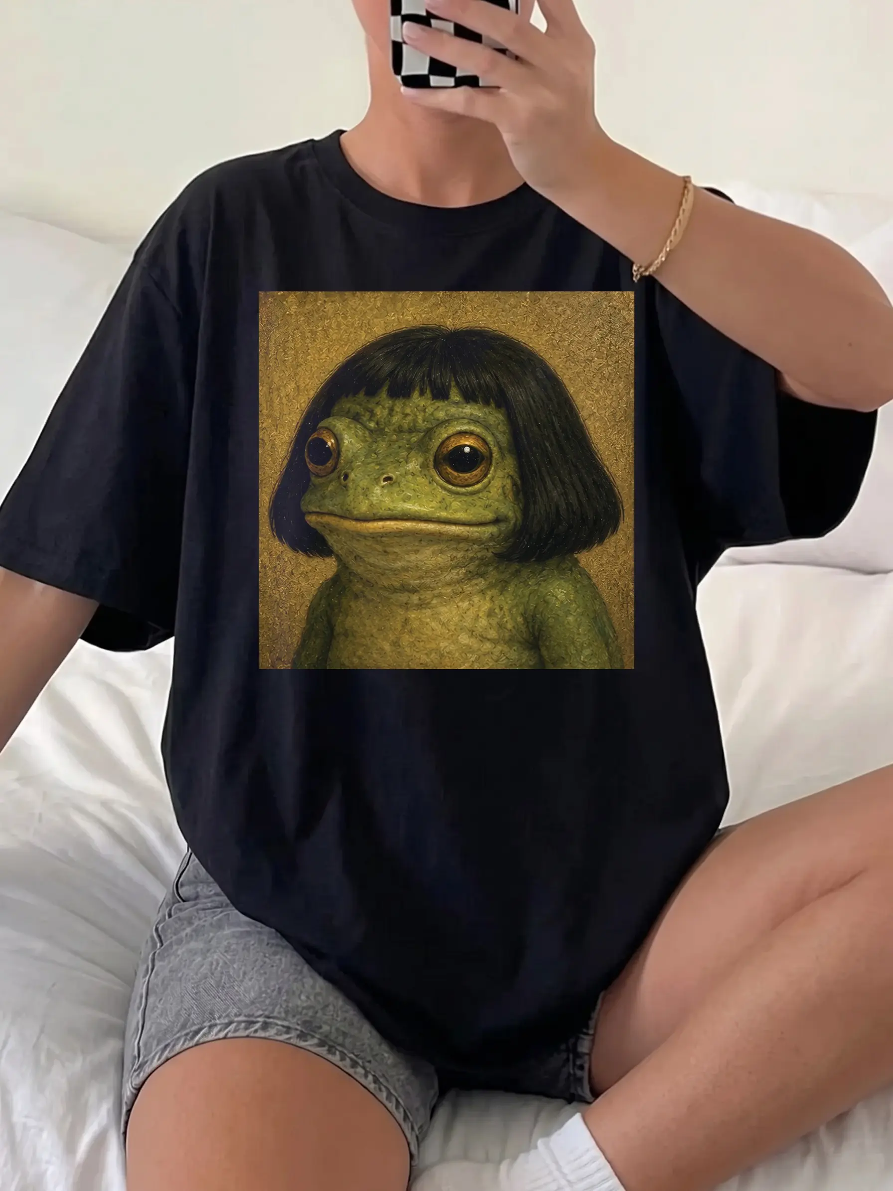 Frog With Bob Haircut Meme Graphic T-Shirt, Unisex Streetwear Pullover Shirt for Menswear & Womenswear Funny Quirky Animal Apparel