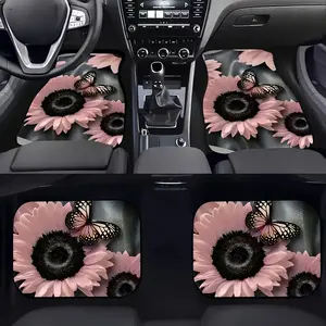Sunflower Pattern Car Floor Mats: Durable polyester, non-slip rubber backing, enhances safety and protection, Automotive Floor Mats