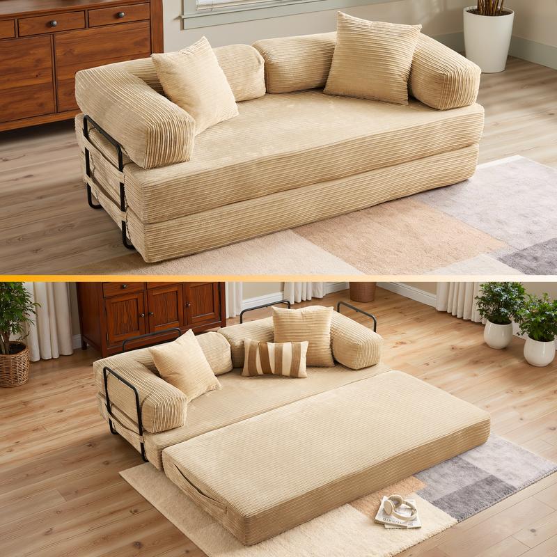 POUUIN 81" Boneless Convertible Sleeper Sofa Bed with Cylindrical Pillow, Ultra-Soft Corduroy Folding Mattress Couch with Fixed-Shape Frame, 5-in-1 Multi-Functional Floor Sofa Lounge Couch, Space‑Saving Folding Sofa Bed for Living Room/Bedroom/Small Space