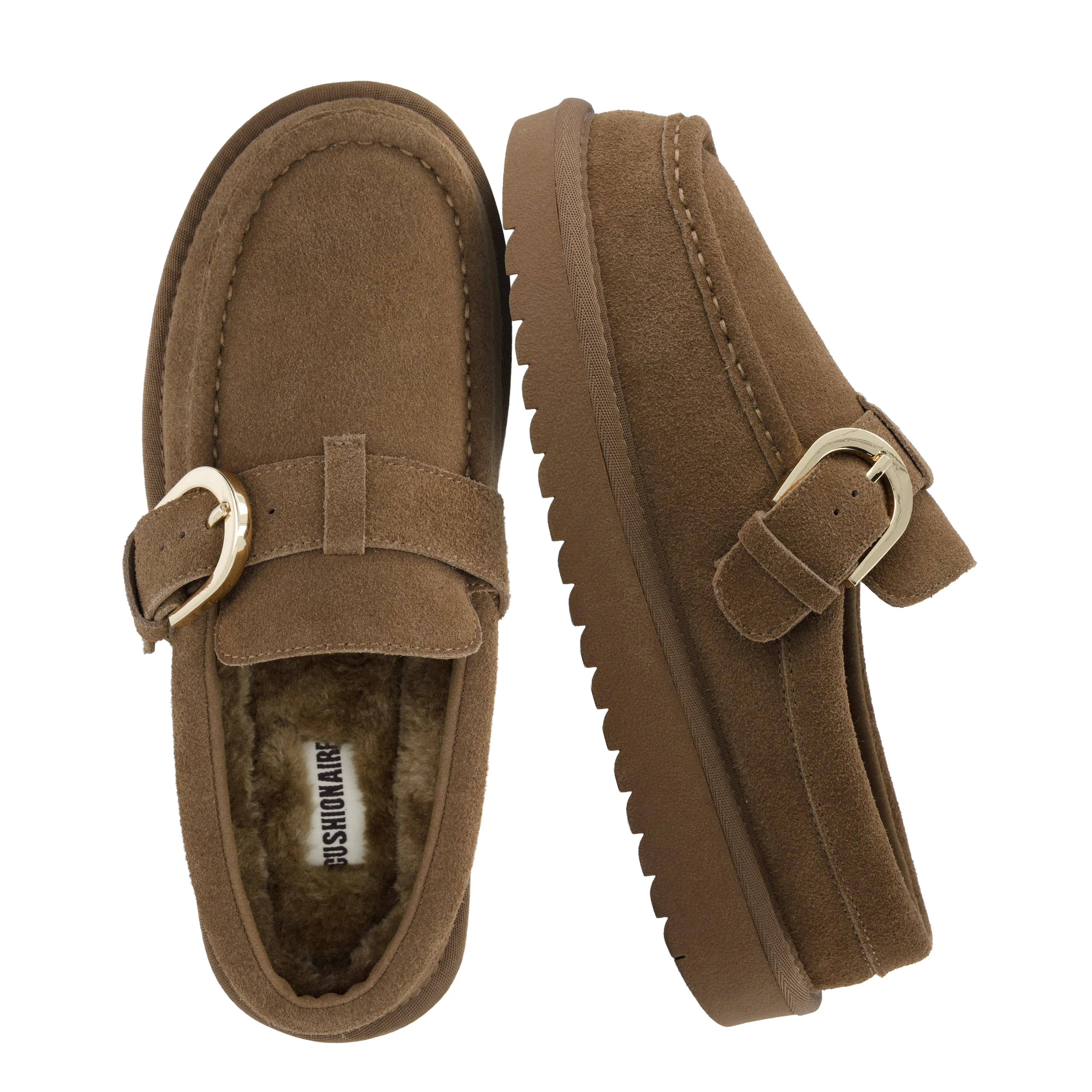 Cushionaire Origin Genuine Suede Mule Clogs For Women | Cozy Slip On Moc Toe Loafers With Buckle Strap | Faux Fur Lined Suede Clogs For Everyday Outfits
