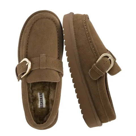 Cushionaire Origin Genuine Suede Mule Clogs For Women | Cozy Slip On Moc Toe Loafers With Buckle Strap | Faux Fur Lined Suede Clogs For Everyday Outfits