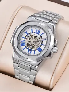 Longlux Automatic Watch Hollow Roman Mechanical Wind-Up Luminous Waterproof Wristwatch Stainless Steel Scratch-Resistant Mirror Face Business Wear Gift