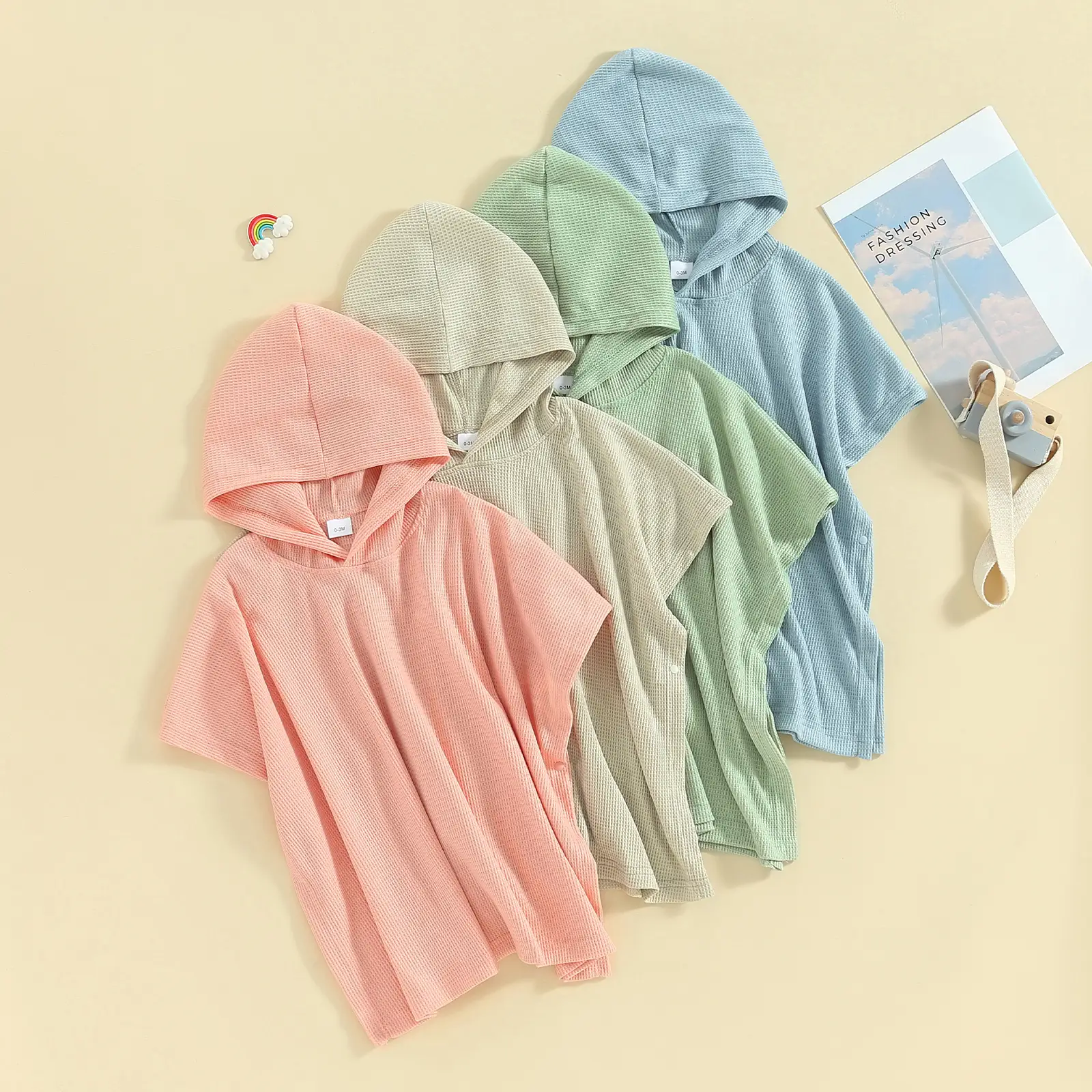 Kids Baby Boy Girl Hooded Beach Towel Wrap Bathrobe Solid Color Waffle Knit Swimsuit Cover Ups Bathing Suit Poncho