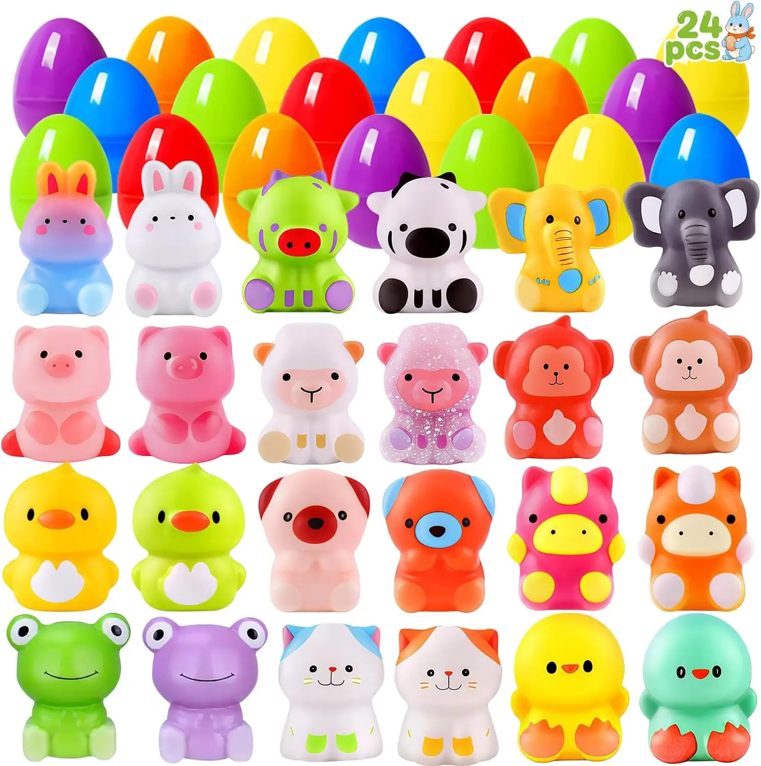 Summer Spring Gift 24 Pack Plastic Easter Eggs Filled with Animals Squishy Toys Inside for Easter Egg Hunts Easter Basket Stuffers Party Favor Classroom Prize