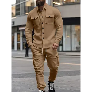 Men's Multifunctional Sports Workwear, American Casual Solid Color Multi-pocket Long Sleeve Trousers Two-piece Set