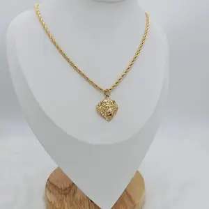 Gold Roaring Lion Necklace 14k Heavy Plated Gold 3mm Rope Chain Unisex with 22mm High Pendant and Small Diamond Cut Lion Head