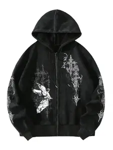 Men's Gothic Angel Cross Zipper Hoodie, Intricate Art Print & Luxurious Details, Soft Comfortable Fabric, Spiritual Urban Streetwear for Daily Wear