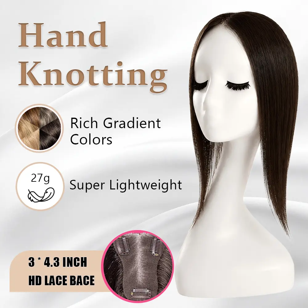 EC 27g Ultra-Light Synthetic Hair Topper - 14in Free Parting Synthetic Extensions & Pieces, 7.5×11cm Hand-Knotted Breathable Lace Base, No-Glue No-Sew, Grey Coverage Instant Volume for Thinning Hair, Casual Wear
