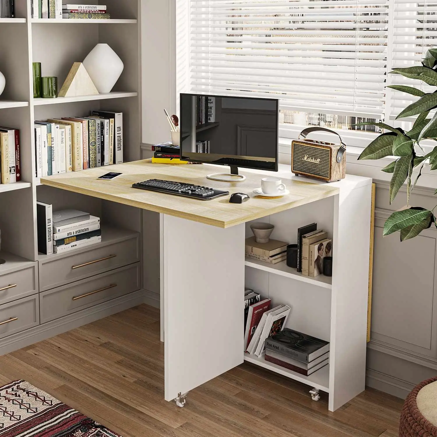 Sikaic Folding Adjustable Dining Table with Casters, Drop Leaf Kitchen Table with Storage Shelves for Small Apartment Furniture