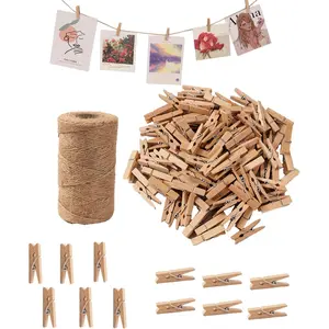 Small Clothes Pins for Photos,100PCS Mini Wooden Clothes Pins with 328 Feet Jute Twine,1.4 inch Tiny Clothes Pins for Photos,Crafts,Hanging Pictures,Baby Shower,Clip Photo Holders