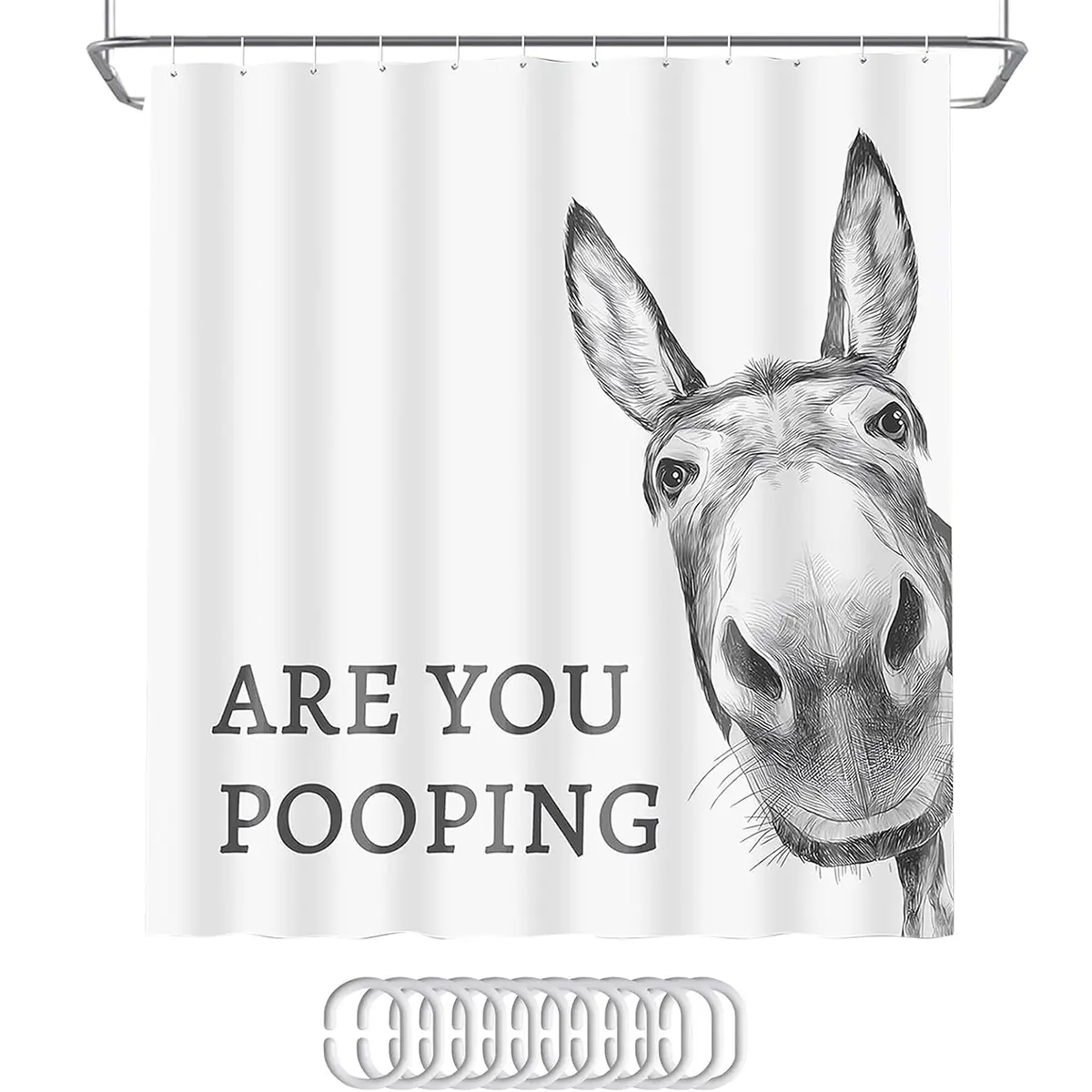 Donkey Theme Decorative Shower Curtain with Grommet Top, "Are You Pooping?" Digital Print, Waterproof Washable Polyester Fiber, Easy Installation, Whimsical Home Decor Farm Animal Gag Gift, Wear-Resistant for Daily Use, Brightens Up the Bathroom Vibe, Ani