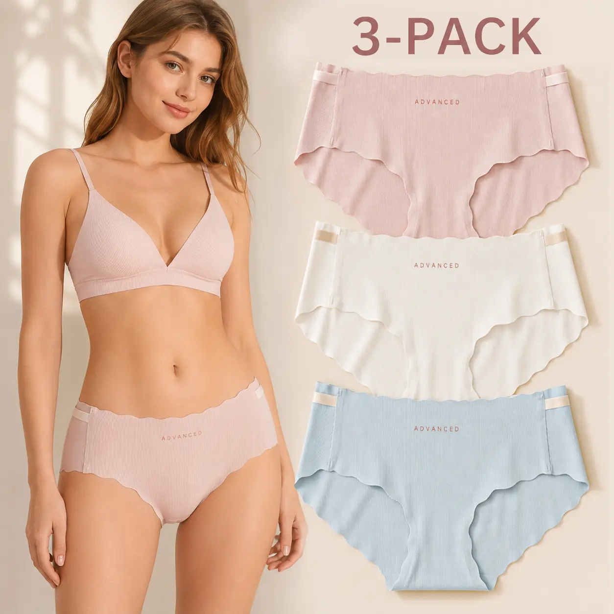 3-Pack Women’s Seamless Ribbed Hipster Panties, No Show Mid-Rise Underwear with Scalloped Wave Edge, Soft Stretch Full Coverage Briefs, Breathable Modal Gusset, No Rolling, Lightweight Everyday Comfort, Invisible Under Leggings and Dresses