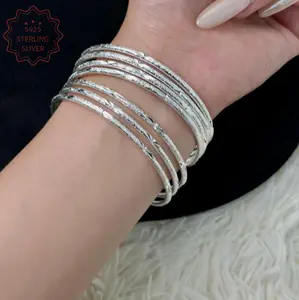 S925 Sterling Silver Stackable Bangles for Women, Diamond Cut & Frosted Sparkle Thin Bangle Bracelets Set, Minimalist Layering Skinny Cuff Jewelry, Hypoallergenic Polished Silver Wristband, Elegant Birthday Anniversary Gift for Her