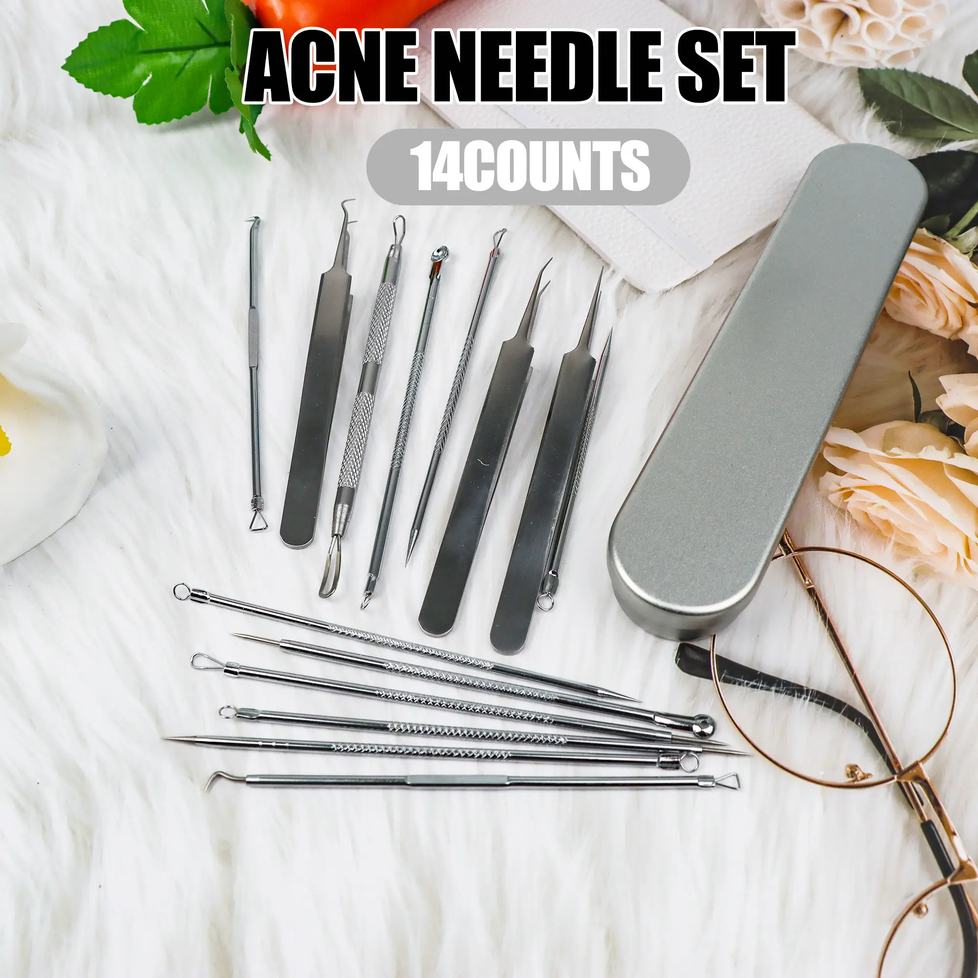 15 Counts Pimple Removal Tool Set, Acne Needles with Blackhead Extractor and Facial Tweezers