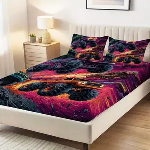 Monster Truck Design Bedding Set (3 Piece), Includes 1 Fitted Sheet and 2 Pillowcases, Perfect Holiday Gift for Christmas Season