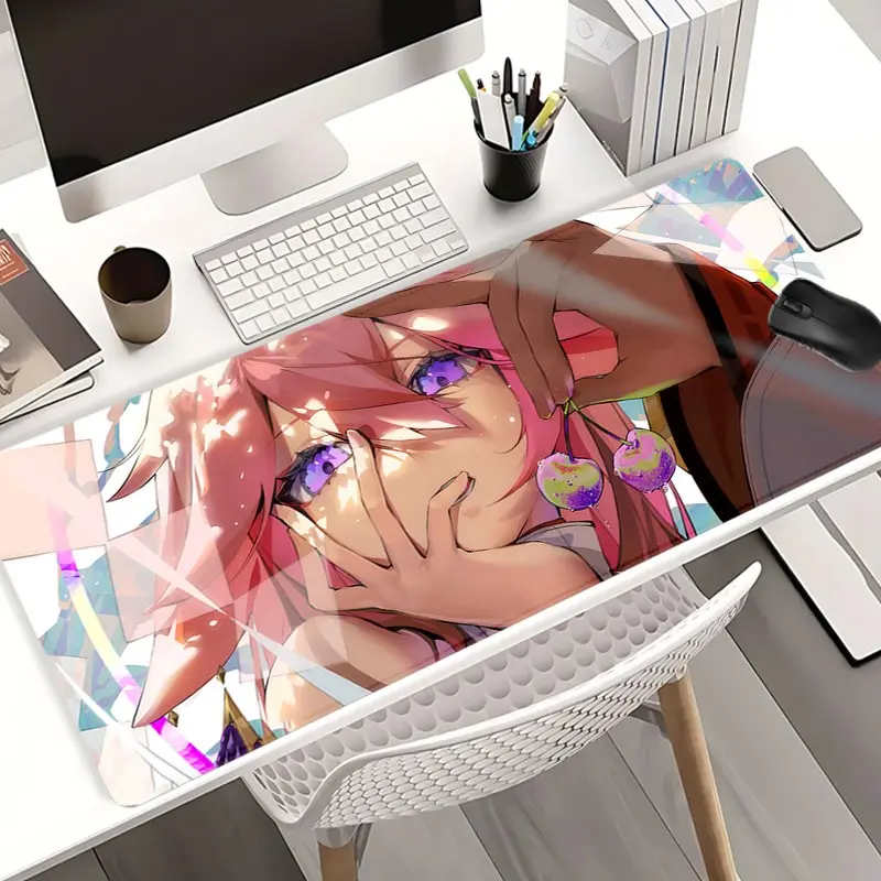 Pink Haired Anime Girl Starry Eyes Holographic Desk Pad Gaming Mousepad XXL Mouse Pad for Laptop Desk Mouse Pad Extra Large with Non-Slip Rubber Base Stitched Edges Surface for PC Gamers Office Workers & Home Use