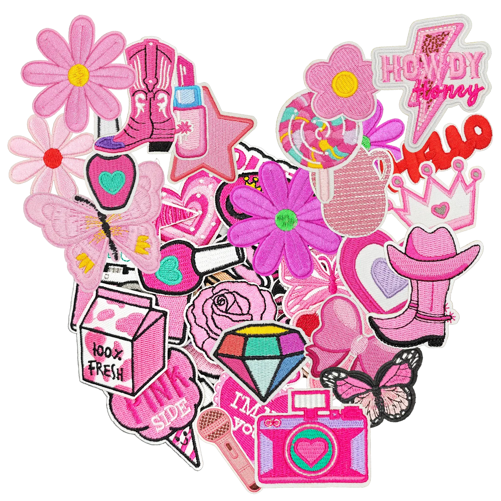 60Pcs Bright Pink Iron-On Embroidered Patches - Preppy Cute Random Assorted, 100% 3D Detail, for Garments/Hats, DIY Sewing Accessories for Customized Style Enthusiasts (Stars/Hearts Designs)