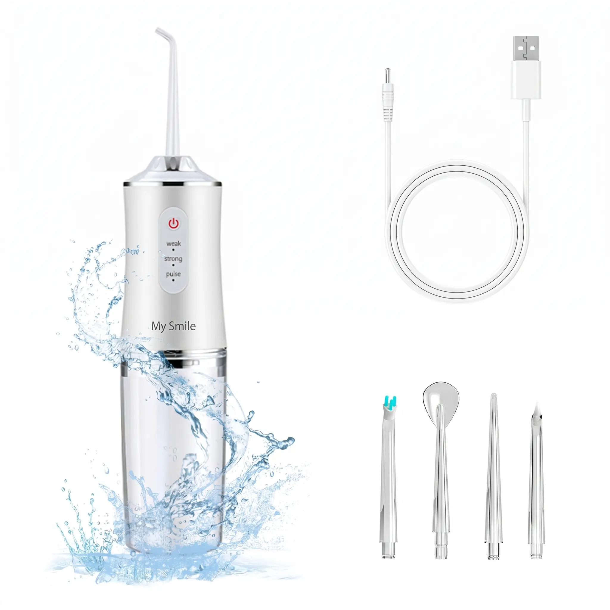 4-Pack Electric Water Flosser with Smart Chip, Portable Oral Irrigator with Detachable Water Tank, USB my smile portable water floss White