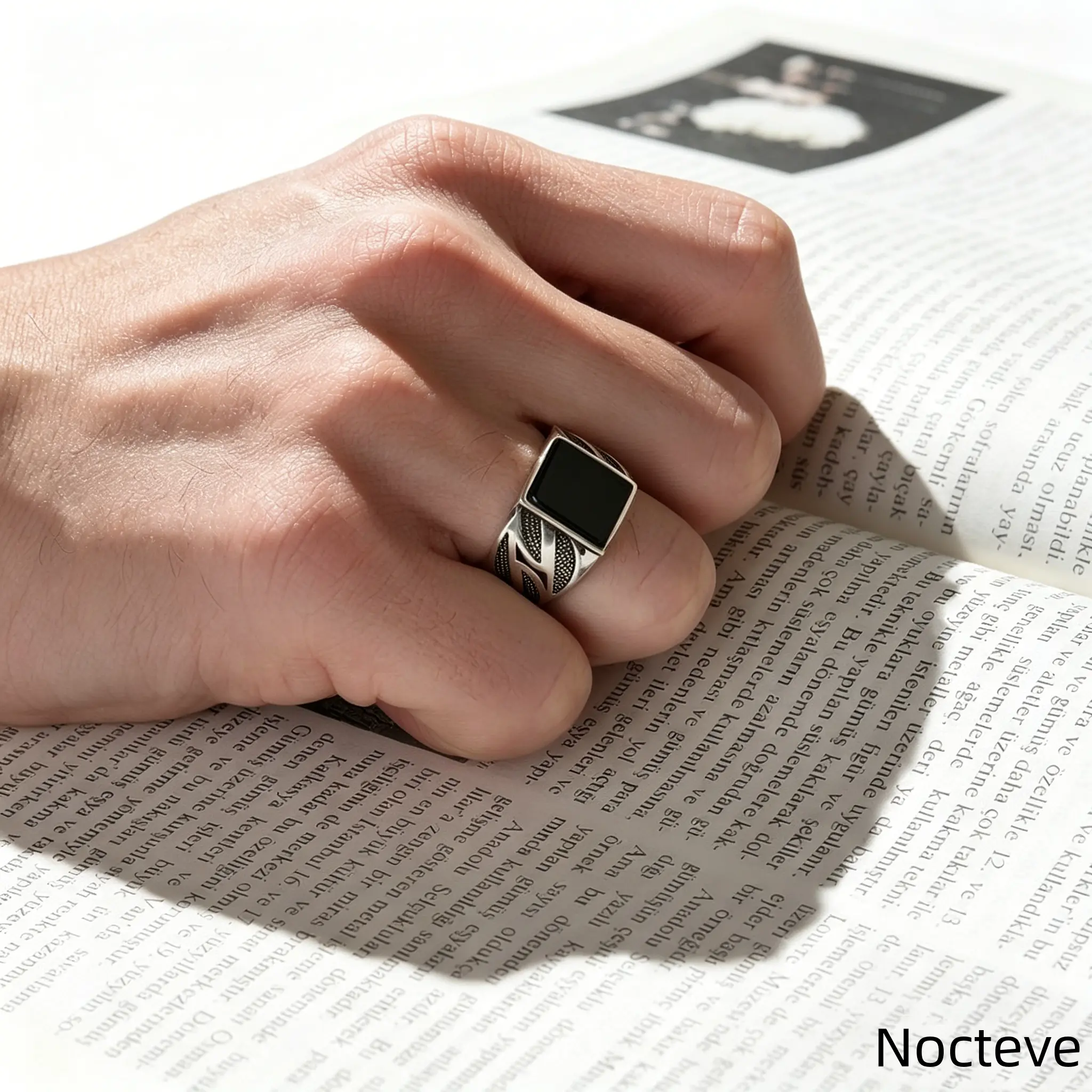 Gentlemen’s Jet Black Grooved Alloy Finger Ring, Solitary Square Synthetic CZ Sleek Band Workplace Daily & Masculine Casual Keepsake Gifts