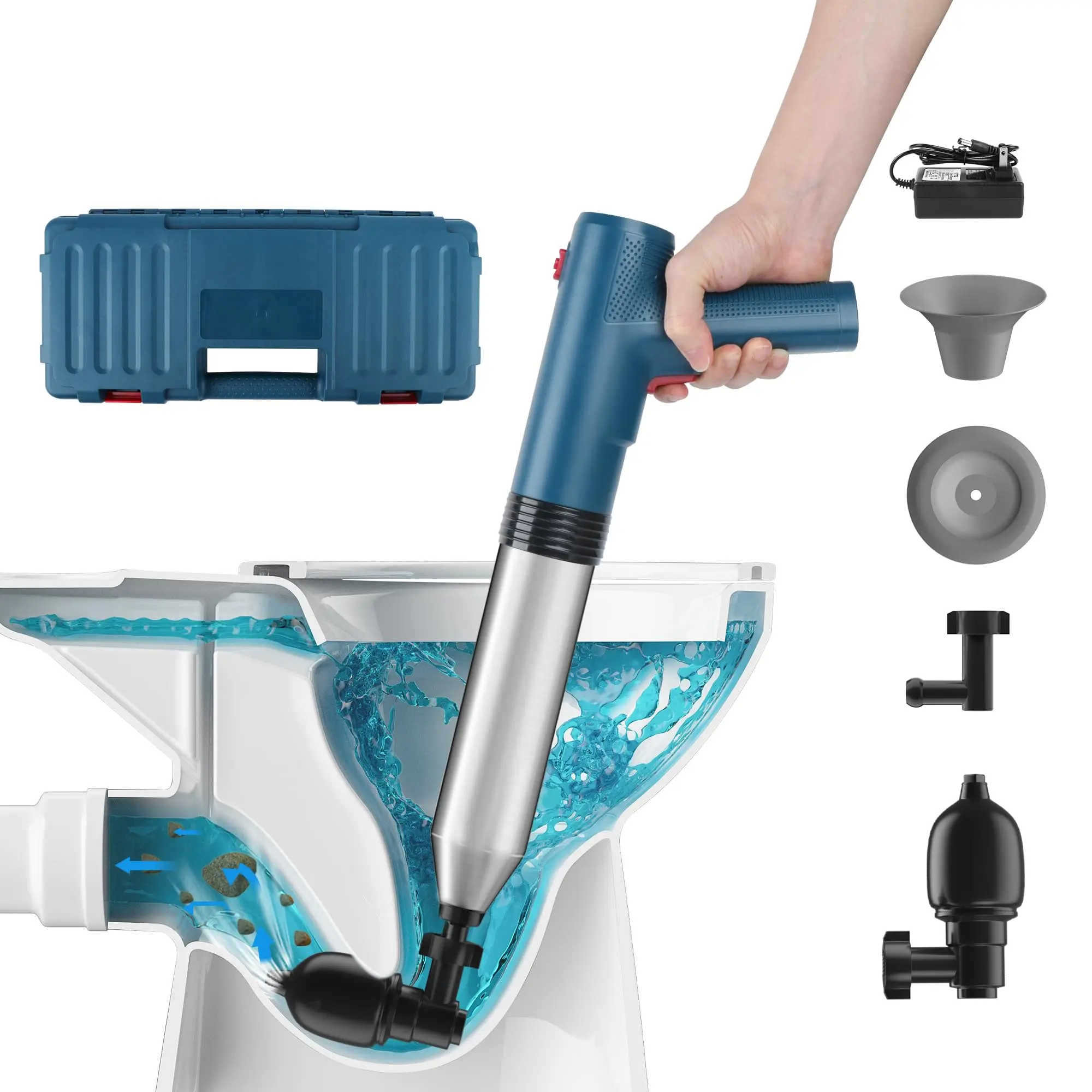 Ultimate Electric Drain Blaster – Powerful Toilet Plunger Kit with 4 Adapters, Stainless Steel & ABS Construction for Easy, Eco-Friendly Clog Removal