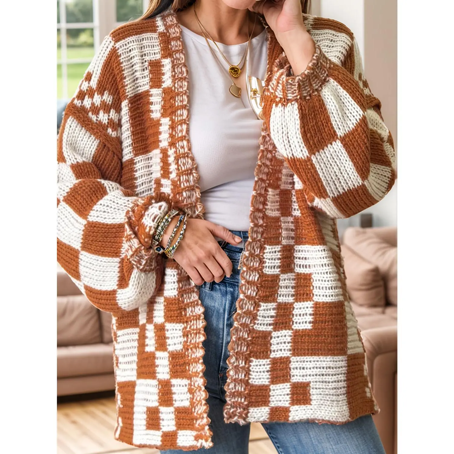 Checkered Open Front Long Sleeve Cardigan