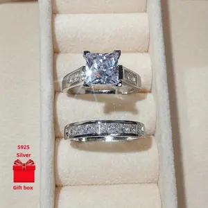 2-Piece 925 Silver Square Wedding Ring Set for Women - Elegant Exquisite Design with Gift Box - Perfect for Daily & Festival Gifts Jewelry Rings Solitaire Ring