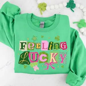 [Sale off up to 50%] Feeling Lucky St Patricks Sweatshirt, Retro Patrick Shirt, Coquette Clover, Lucky Shamrock, streetwear graphic tee