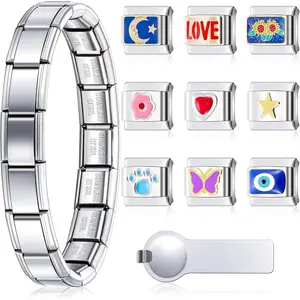 Italian Charms Bracelet Sets 1 count Stainless Steel Starter Bracelets, 9 count 9 mm Modular Charms Link DIY with Opening Tools for Wedding Bridal Shower Women Polish Italian DIY