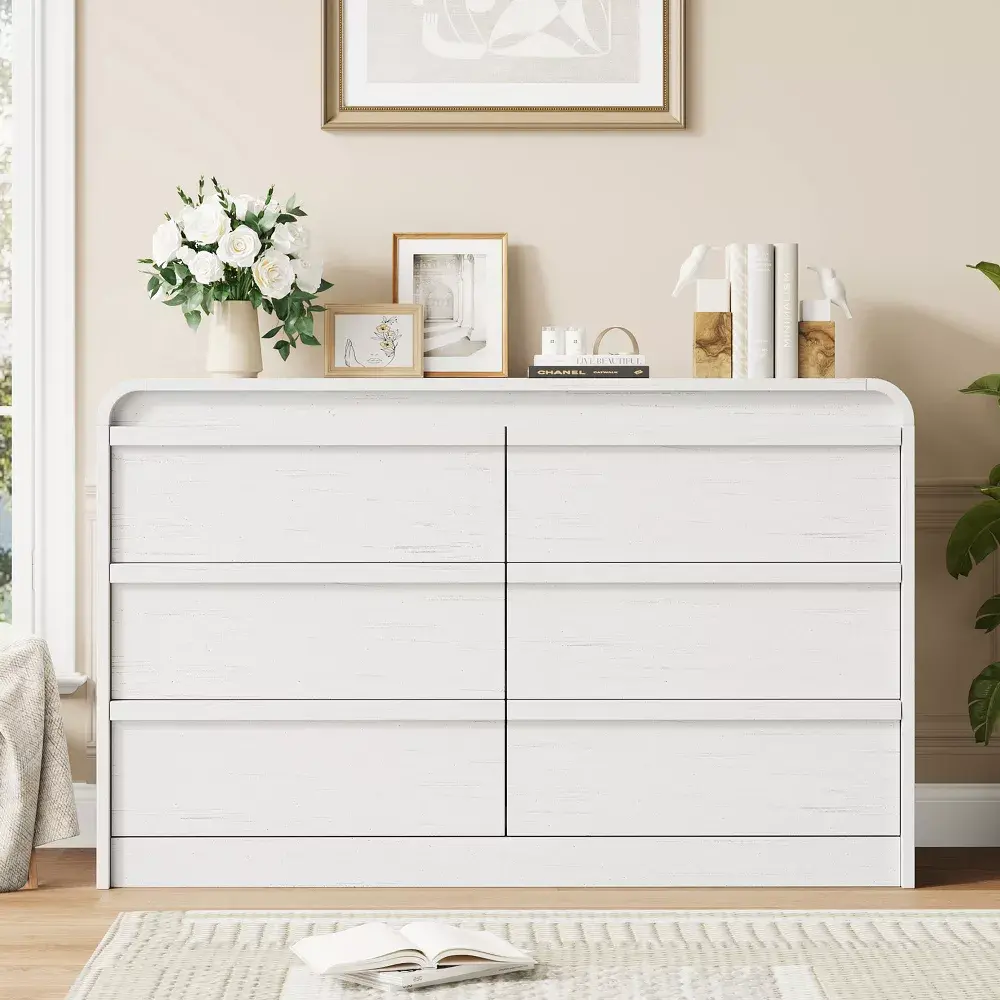 White Furniture Dresser - Arched 6-Drawer Modern Wood Drawers Dresser, Curved-Design Indoor Storage Chest