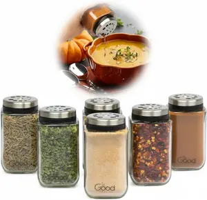 Adjustable Glass Spice Jars (Set of 6) with 6 Pouring Sizes- Stainless Steel Lid/Cap- Square Seasoning Bottle Containers for Minimalist Kitchen Pantry Storage Organization- Fill Shaker w Salt Pepper