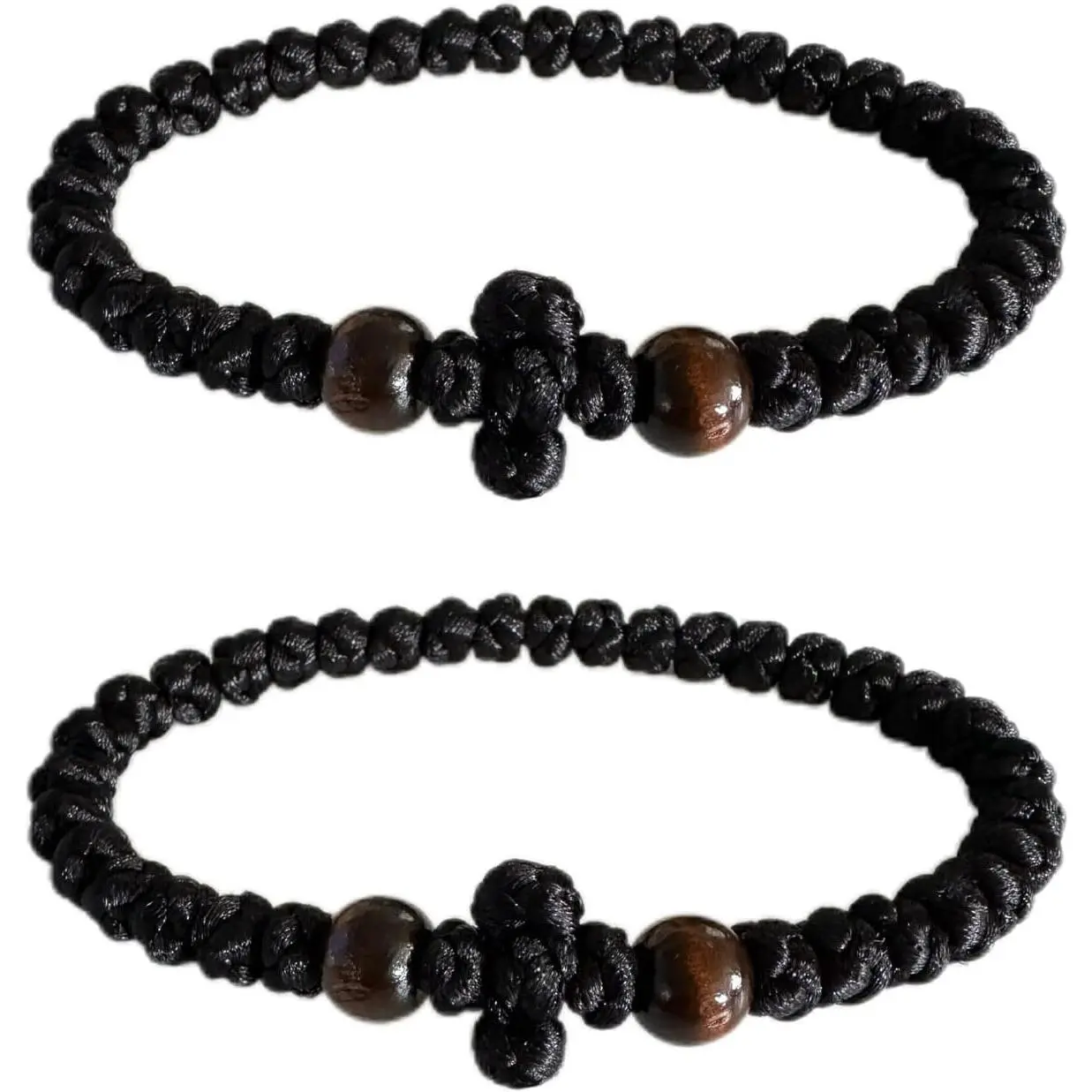 Men's Prayer Rope Bracelet, 2-Pack Black Knotted Chotki with Cross, Orthodox Christian Style Devotional Beads for Spiritual Reflection, Traditional, Set, Two-Piece