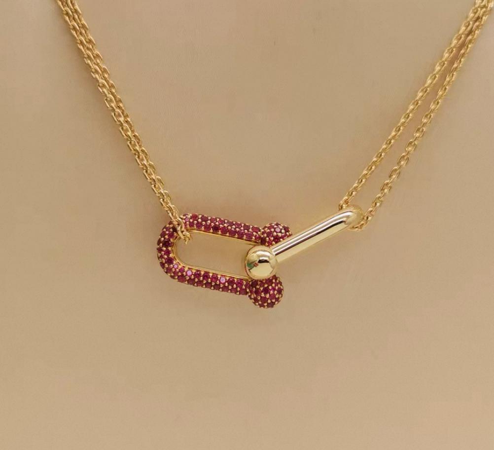 Pre-owned Tiffany & Co. Hardwear 18K Yellow Gold Large Double Chain Link Pendant Necklace with 1.44ct Rubies, 16.93" Chain, Limited Edition of 150 Worldwide
