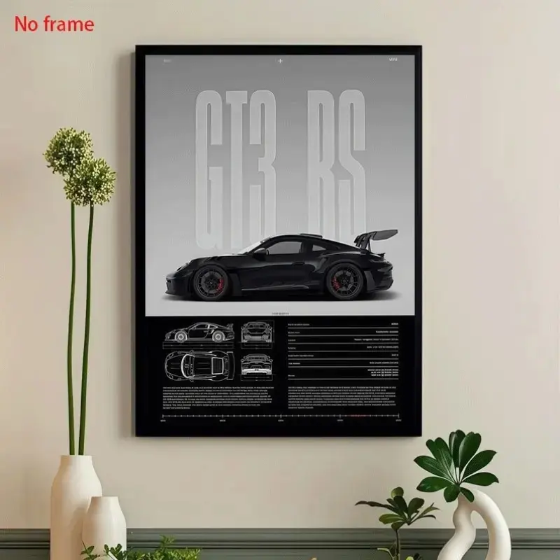 GT3 RS Sports Car Poster, Black Supercar Wall Art, Racing Car Blueprint Canvas Print, Modern Garage Decor, Man Cave Wall Picture, Car Lover Gift, Bedroom Office Poster