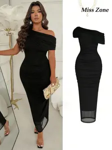 Plus Size Asymmetrical Shoulder/Off Shoulder Dress, Mesh Lining, Elegant, Mature & Formal Style, Suitable For Evening Party, Graduation, Soft & Comfortable Fabric