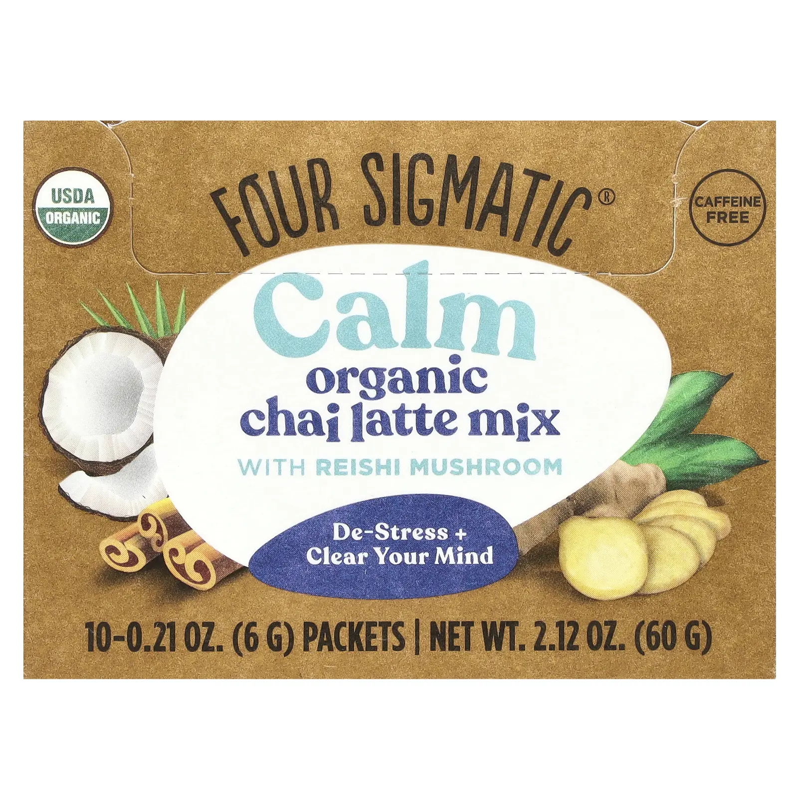 Four Sigmatic Calm, Organic Chai Latte Mix with Reishi Mushroom, Caffeine Free, 10 Packets, 0.21 oz (6 g) Each