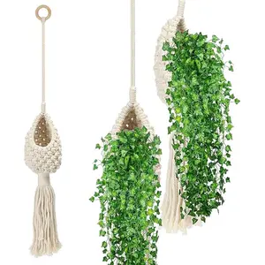 Handmade Fringe Plant Basket, Cotton Rope Hanging Indoor Outdoor Bohemian Home Decor, Spring Decoration, St Patrick's Day Ornament