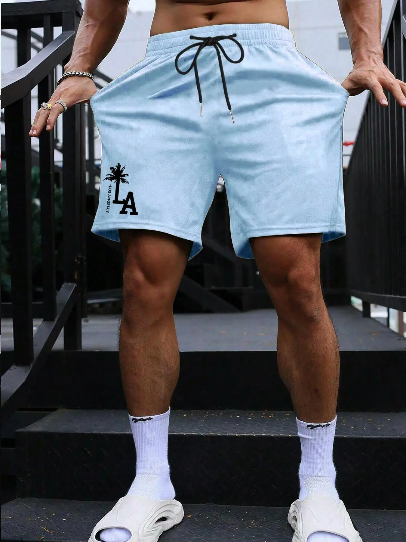 Men's Coconut Tree & Letter Print Pocket Drawstring Shorts, Back To School Loose Casual Streetwear Elastic Waist Straight Leg Shorts for Summer, Fashi