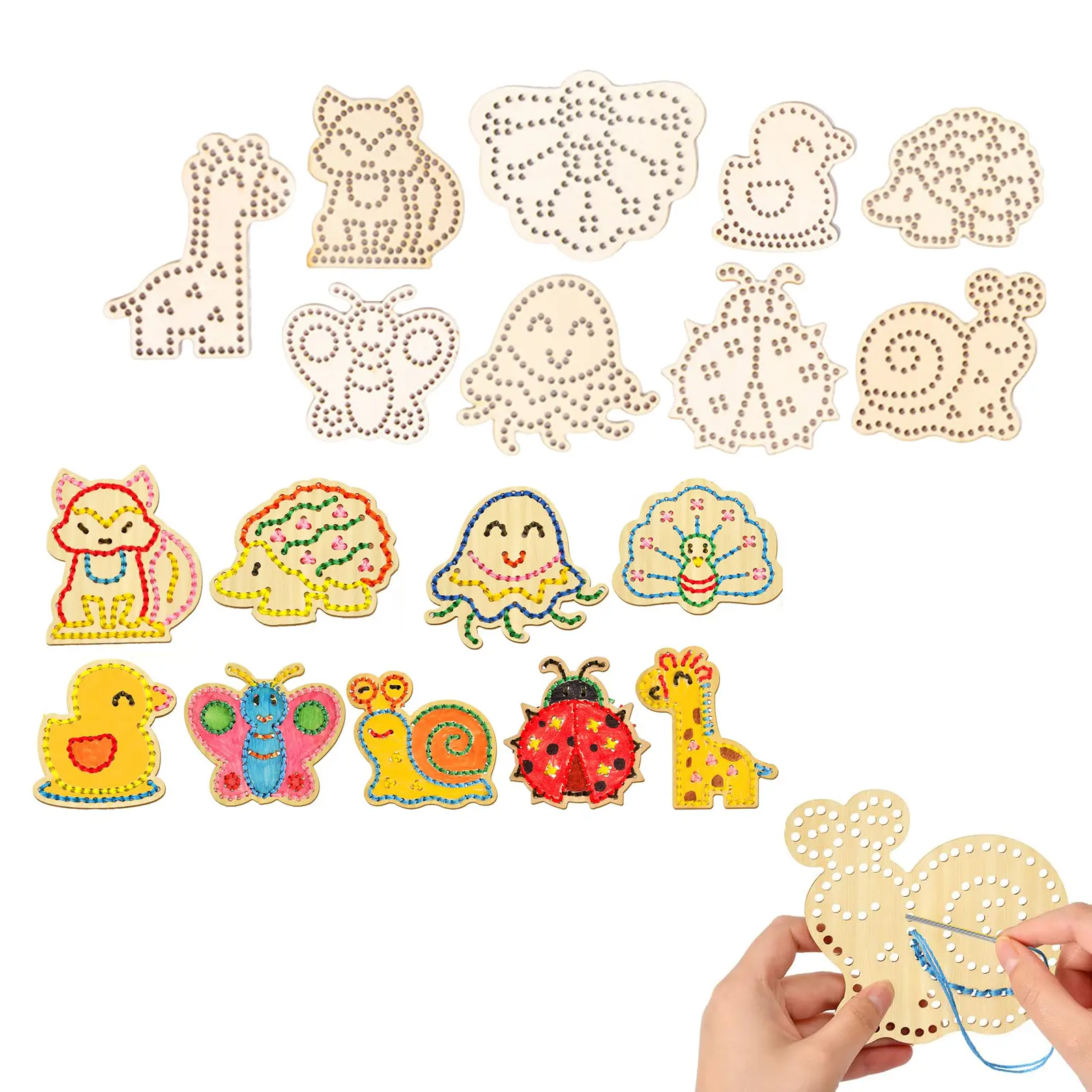 25Pcs Set Kids Wooden Lacing Cards, Cross Stitch Kit, Wooden Handmade Crafts, Sewing Supplies Crafts, Hand-Eye Coordination Toy, Sewing DIY Craft Set for Travel Activity, Color Sorting, Motor Practice, Quiet Task Preschoolers, Craft Kits
