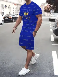 Men's Blue King Theme Set, Full Print King Lettering & Crown Element, Stylish Comfortable Fabric, Casual Loose Fit Tee