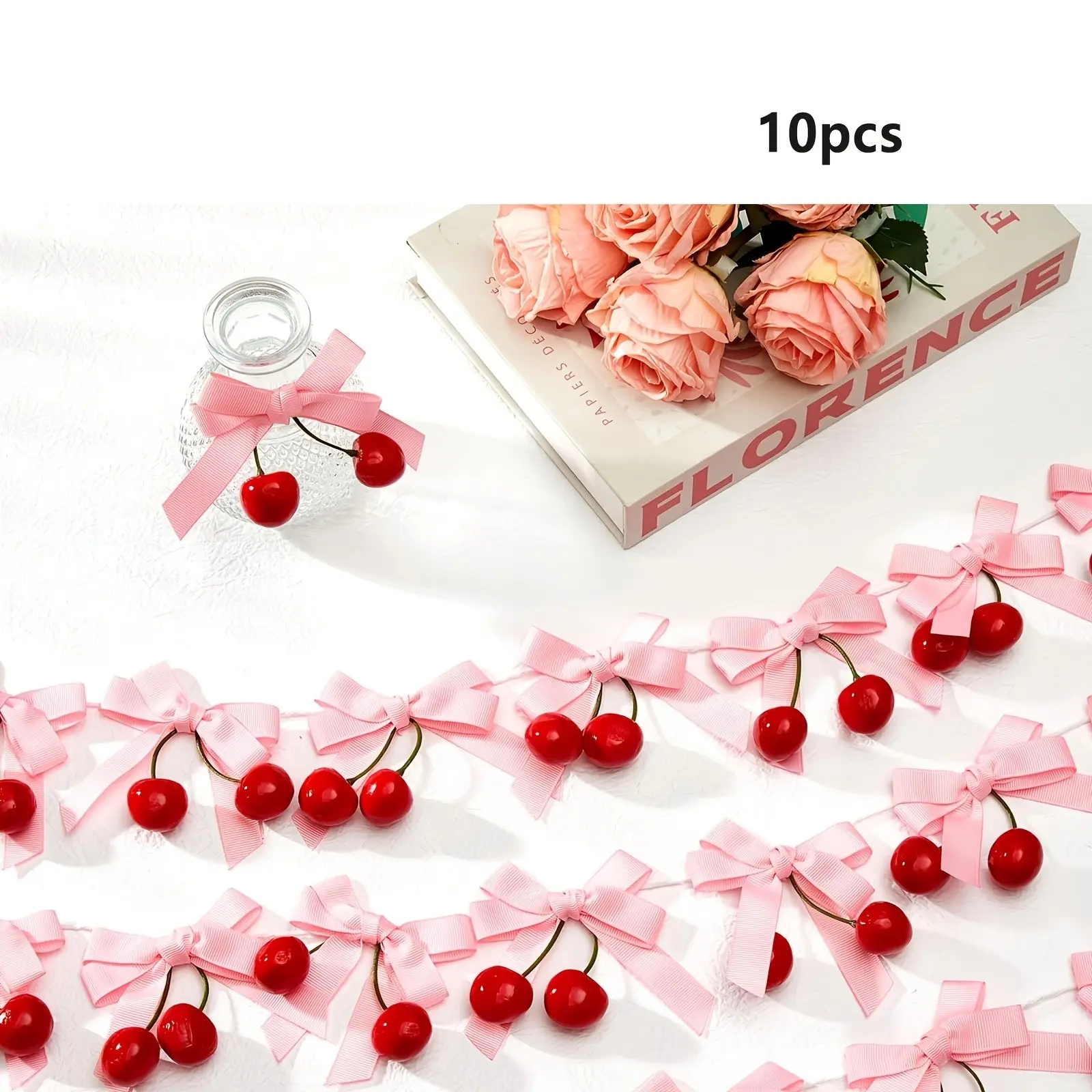 10pcs Cherry Bow Garland Ribbon | She'S The Cherries on Top Party Hanging Ornaments for Wedding, Shower, Bachelorette - Bright Pink Polyester Decorations Party Decor Supplies