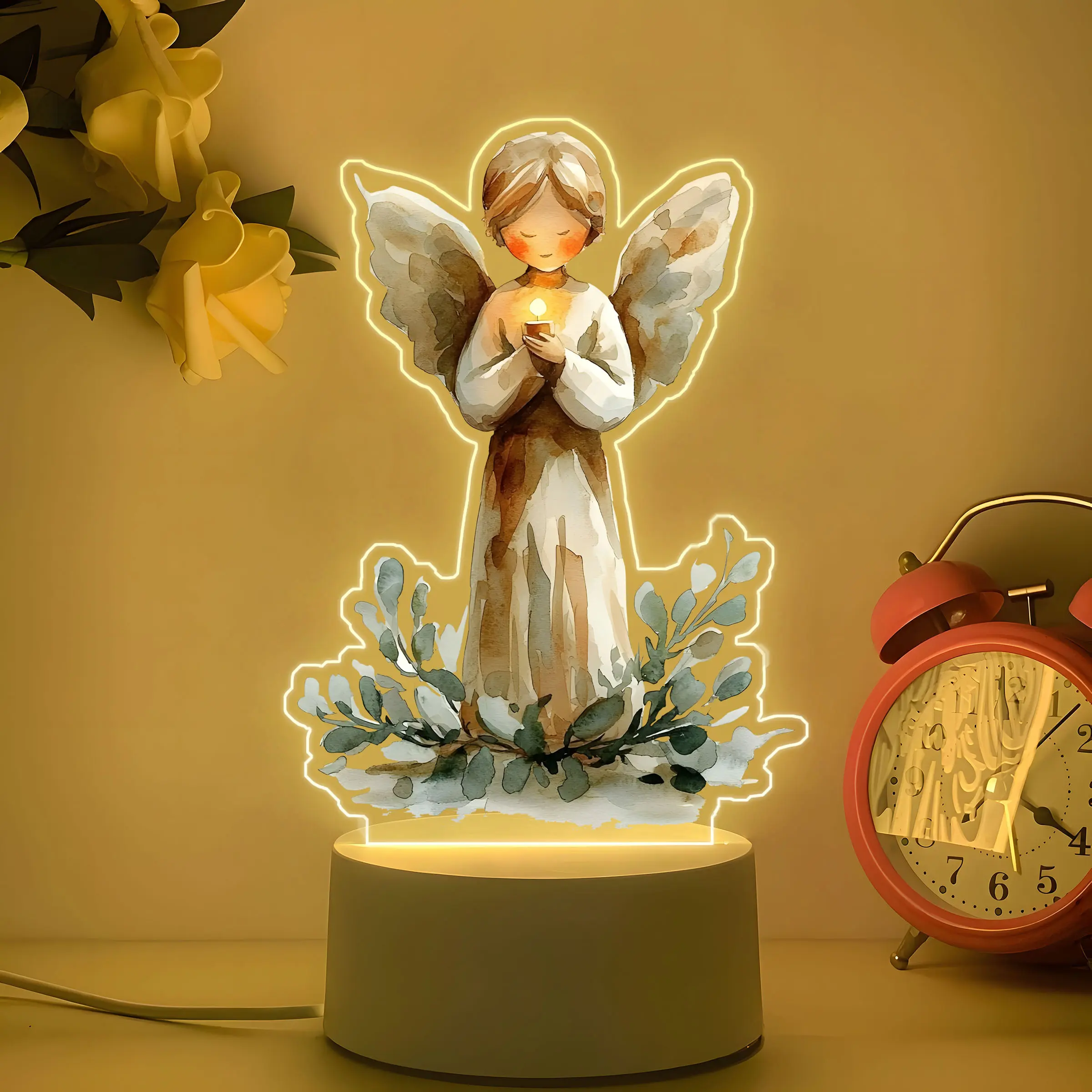 Acrylic LED Night Light, Praying Angel Design, Christmas Theme, USB Powered, Warm Light, Button Control, Bedroom Decor, Indoor Decorative Light, Led Decoration, Bedside Night Light, Led Light Up