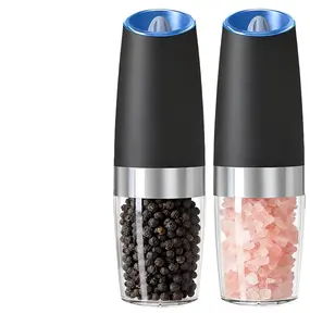 Battery Operated Gravity Electric Salt and Pepper Grinder Set, Automatic Salt and Pepper Grinder Set, Adjustable Roughness,12 Batteries Required, LED Light, 2 Pack, (Black)