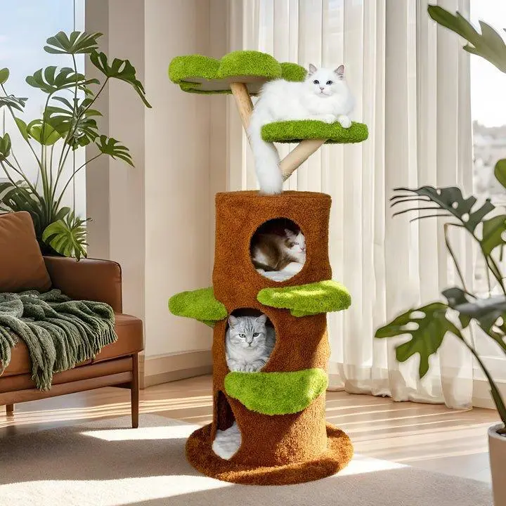 Bingopaw Large Cat Tree with Sturdy Wooden Frame, Sisal Rope Scratching Post for Claw Health, MDF Modern Condo, 3 Leaf Steps, Realistic Tree Look, Green-Brown Multi-Level All-Seasons Furniture for Active Indoor Pets & Modern Home Decor