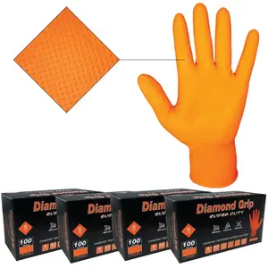 Heavy Duty 8-mil Industrial Orange Nitrile Gloves with Raised Diamond Texture - Box of 400 - Latex Free, Powder Free