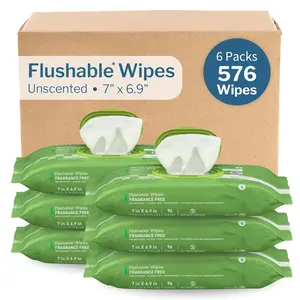 Flushable* Adult Wet Wipes - 576 Wipes (6 Pack of 96) - Aloe & Vitamin E, -Based Cleansing Wipes, Unscented
