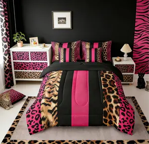 Leopard Fur Print 7 Piece Bedding Set for Boys Girls,Cheetah Comforter Animals Hot Pink Black Bedroom Decor Safari Comforter, Bed Comforter Set, Bedding Sheets Set