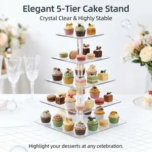 Five-tier square transparent acrylic cupcake display stand, sturdy and transparent dessert stand, suitable for displaying wedding party celebration pastries and macarons.